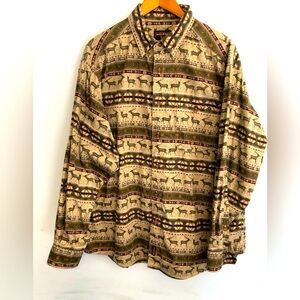 Woolrich Shirt Mens XL Olive Deer Aztec All Over Print Southwest Button Down
